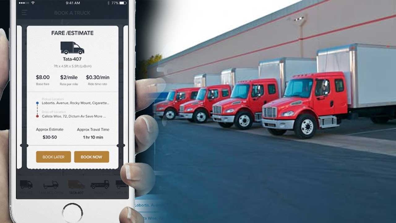 Delivery trucks outside a logistics warehouse